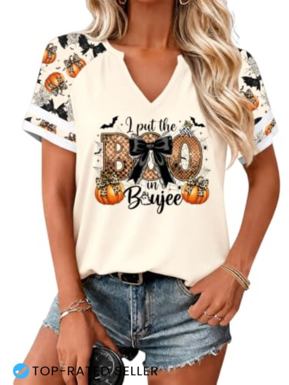 Halloween V Neck Raglan Sleeve Tee Women's Spooky Ghost Print Top Fall Casual